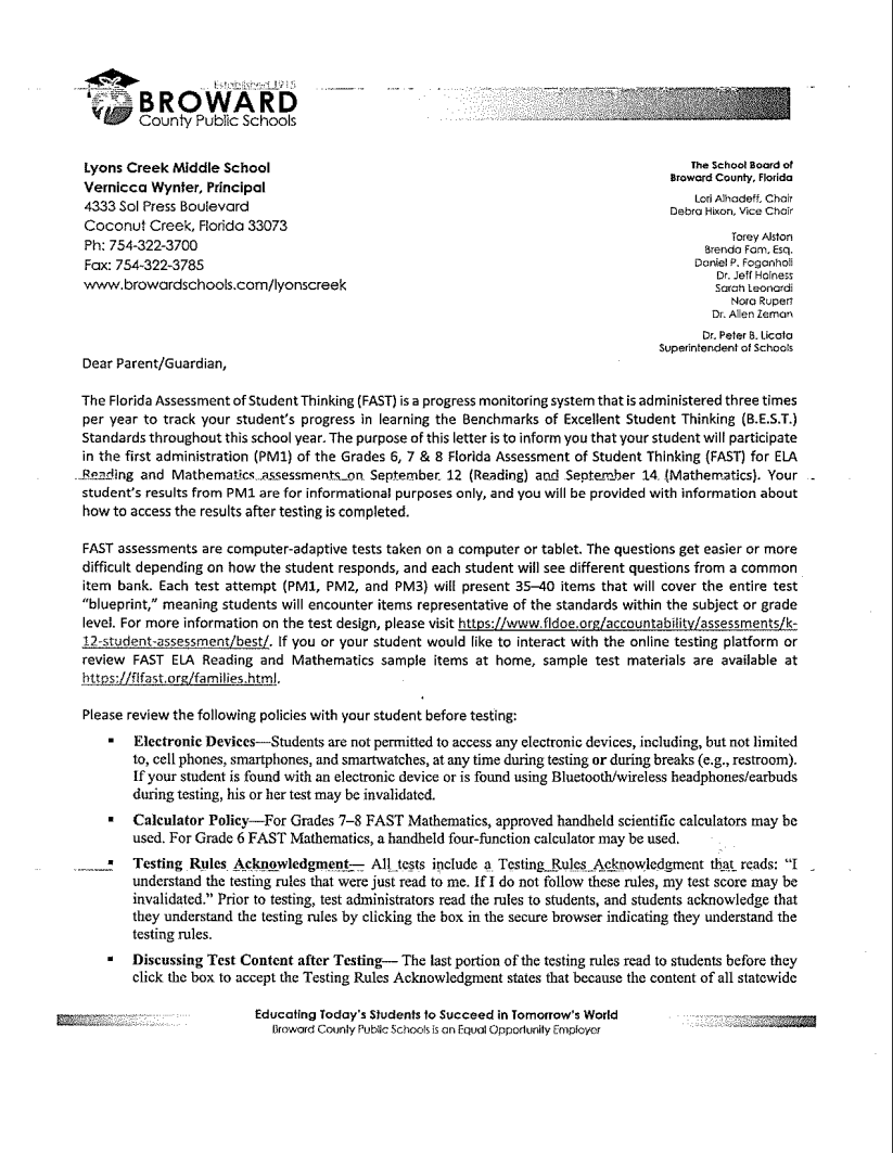 FAST PM1 PARENT LETTER